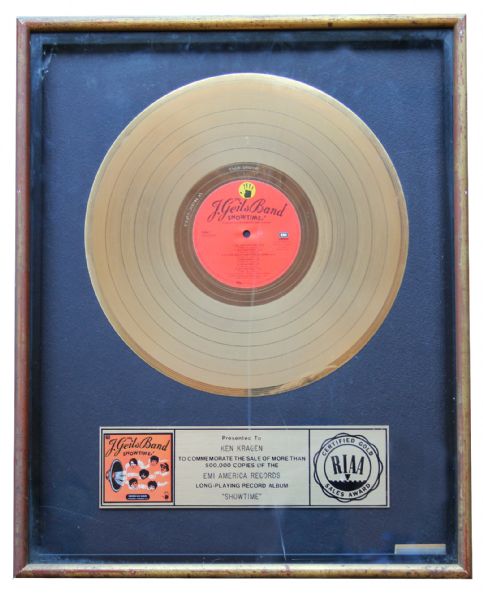 The J. Geils Band RIAA Gold Record Commemorating 500,000 Copies Sold of Their 1982 Album, Showtime!