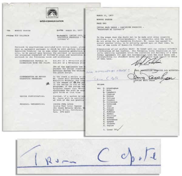 Rare & Obscure Truman Capote Hollywood Memo Signed for a Proposed TV Pilot Based on His Novella Breakfast at Tiffanys -- 1977