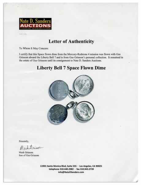 Liberty Bell 7 Space-Flown Dime From Mercury-Redstone 4, the Second Manned Mission in NASA History -- From the Estate of Astronaut Gus Grissom