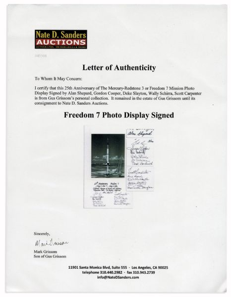 Photo Display Signed by Alan Shepard, Gordon Cooper, Deke Slayton, Wally Schirra and Scott Carpenter -- Upon the 25th Anniversary of the Mercury-Redstone 3 Mission