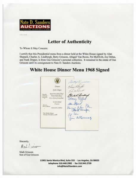 The First Men of Aviation & Space Together -- White House Dinner Menu Signed by Charles Lindbergh, Alan Shepard, Dear Abby & 7 Others From a 1968 Event