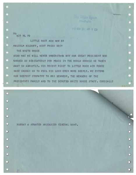 Original White House Telegram Dated the Day After JFK's Assassination -- Brigadier General Murray Bywater Offers Condolences to Malcolm Kilduff