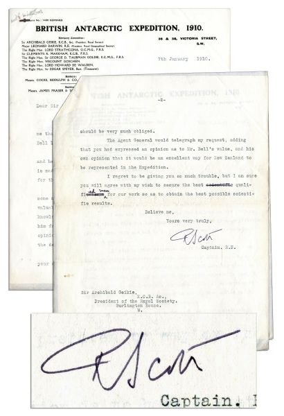 Robert Falcon Scott Typed Letter Signed on British Antarctic Expedition 1910 Stationery Asking New Zealand to Overturn Its Refusal to Allow James Mackintosh-Bell From Joining Expedition