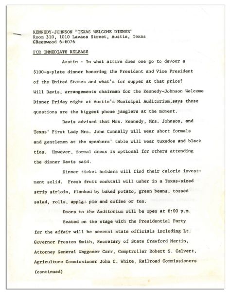 Complete Press Package for the JFK Texas Welcome Dinner -- Planned for the Night of his Assassination