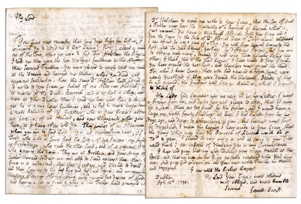 Satirist Jonathan Swifts Very Witty Autograph Letter Signed -- ...[he] is as high a Whig and more...And yet he is a very honest Gentleman...a Doctor who kills or cures half the city... -- 1735