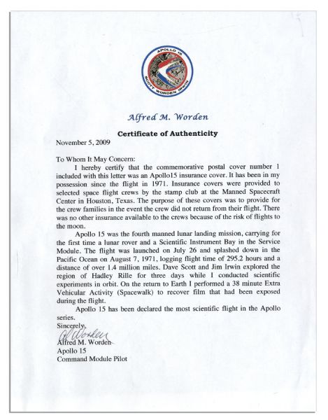 Apollo 15 Crew-Signed NASA Insurance Cover -- Al Worden, Dave Scott & Jim Irwin -- Cancelled 26 July 1971 -- 6.5 x 3.75 -- Near Fine -- With COA From Worden