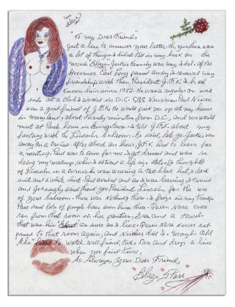 Blaze Starr Autograph Letter Signed -- Regarding a Tryst in the White House with JFK -- ''...I told J.F.K. about my fantasy with the Lincoln bedroom. He said lets go...''