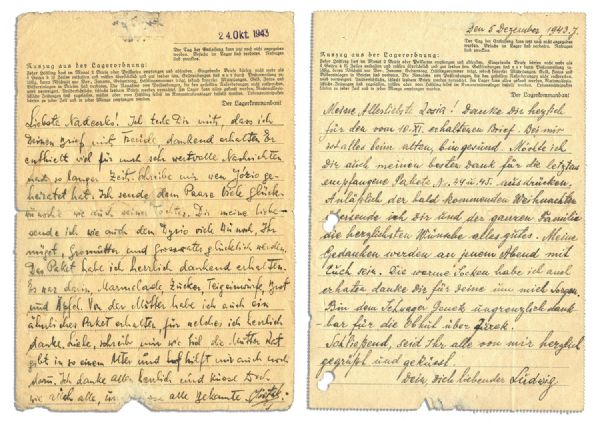 1943 Autograph Letter Signed by a Prisoner in Sachsenhausen Concentration Camp -- …Thankfully I have received the parcel. In it there was marmalade, sugar, dough…bread and apples…