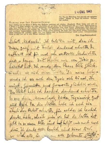 1943 Autograph Letter Signed by a Prisoner in Sachsenhausen Concentration Camp -- …Thankfully I have received the parcel. In it there was marmalade, sugar, dough…bread and apples…