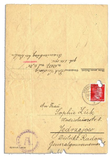 1943 Autograph Letter Signed by a Prisoner in Sachsenhausen Concentration Camp -- …Thankfully I have received the parcel. In it there was marmalade, sugar, dough…bread and apples…