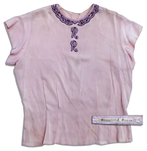 Rosalind Russell Custom Pink Blouse With Monogrammed Beaded Neckline