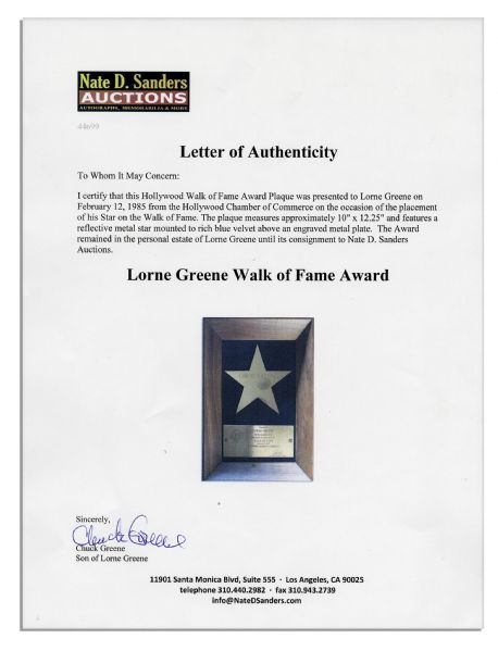 Lorne Greene Award for His Star on the Hollywood Walk -- For His Starring Roles on Bonanza and Battlestar Galactica -- With an LOA From His Estate