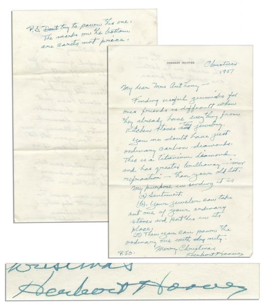 Herbert Hoover Humorous Autograph Letter Signed -- ...This is a titanium diamond...Your jeweler can take out one of your ordinary stones...you can pawn the ordinary one with dignity...
