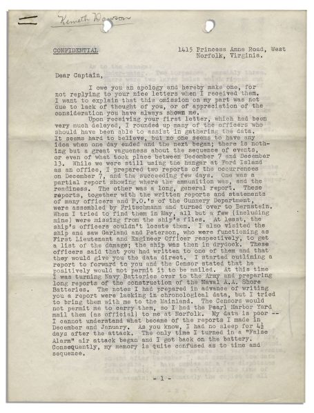 Fascinating & Confidential Navy Letter Documenting First-Hand Account on the USS California at Pearl Harbor -- …several men were hit by 27 caliber machine gun bullets…