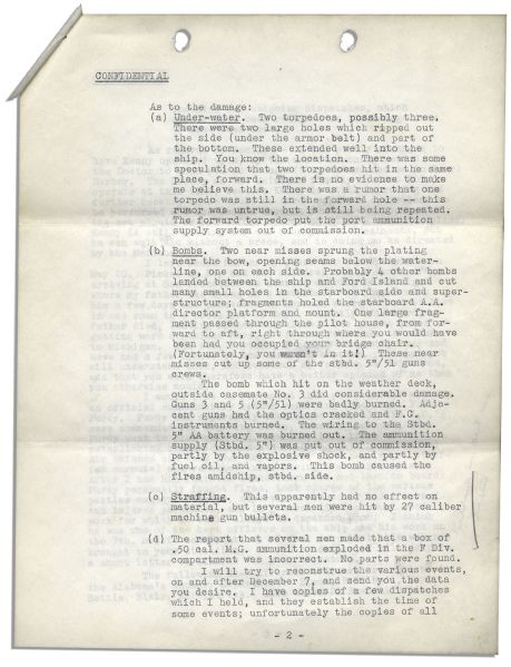 Fascinating & Confidential Navy Letter Documenting First-Hand Account on the USS California at Pearl Harbor -- …several men were hit by 27 caliber machine gun bullets…