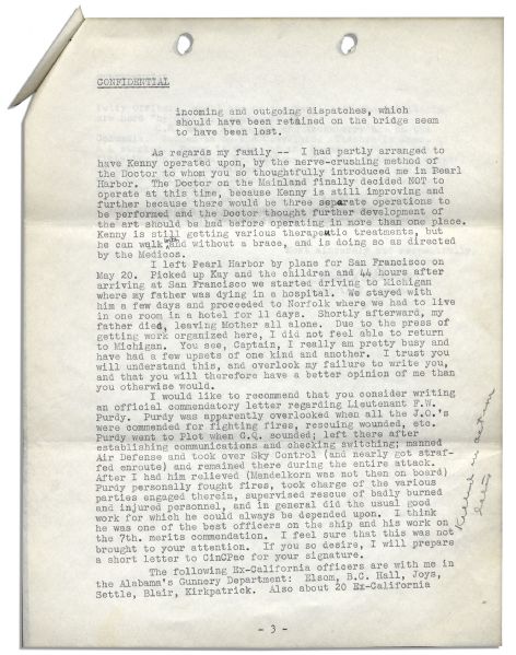 Fascinating & Confidential Navy Letter Documenting First-Hand Account on the USS California at Pearl Harbor -- …several men were hit by 27 caliber machine gun bullets…
