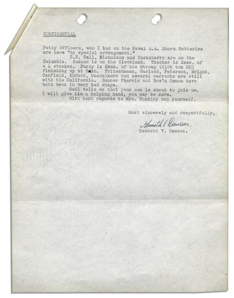 Fascinating & Confidential Navy Letter Documenting First-Hand Account on the USS California at Pearl Harbor -- …several men were hit by 27 caliber machine gun bullets…