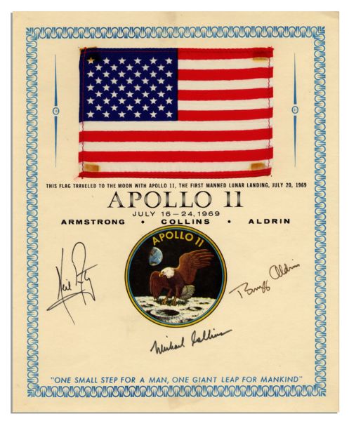 Exceptionally Scarce Apollo 11 Flag Flown to the Moon -- Signed by Armstrong, Aldrin & Collins