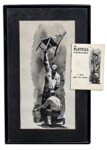 Original Charcoal Drawing & Playbill for the Broadway Premiere of A View From The Bridge Starring Van Heflin -- From Heflin's Collection