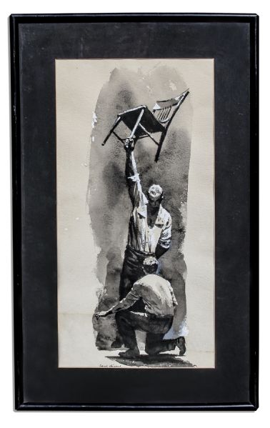 Original Charcoal Drawing & Playbill for the Broadway Premiere of A View From The Bridge Starring Van Heflin -- From Heflin's Collection