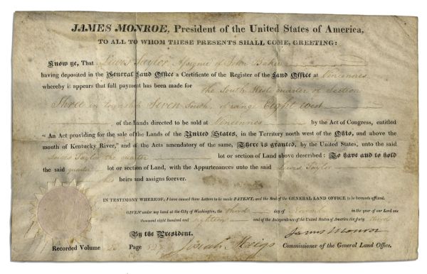 James Monroe Land Grant Signed as President in 1818