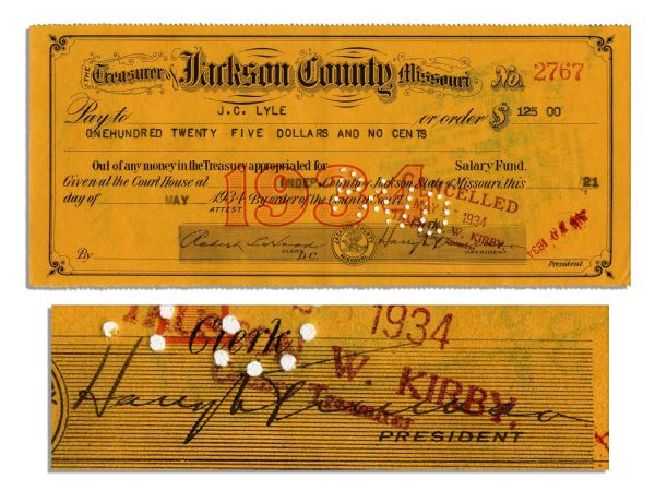 Harry S. Truman Signed Check as Treasurer of Jackson County, Missouri in 1934