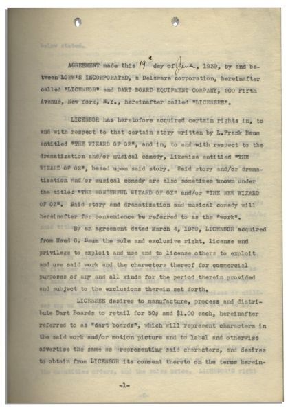 ''Wizard of Oz'' Licensing Agreement From 1939
