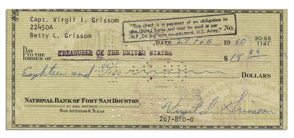 Gus Grissom Check Signed & Apollo 1 Embroidered Patch -- Directly From His Estate