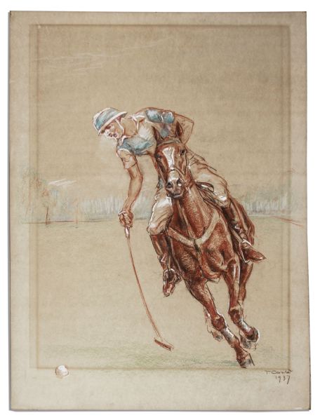 One-of-a-Kind Oil Pastel Portrait of Darryl F. Zanuck on a Polo Pony -- From His Personal Collection & With a COA from the Zanuck Estate