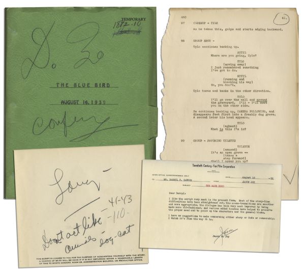 Darryl F. Zanuck Signed Script For The Blue Bird -- With an Internal Memo From 20th Century Fox About the Screenplay Regarding Its Adherence to Production Code