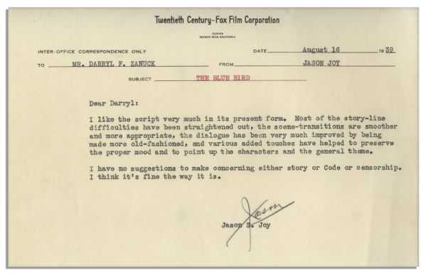 Darryl F. Zanuck Signed Script For The Blue Bird -- With an Internal Memo From 20th Century Fox About the Screenplay Regarding Its Adherence to Production Code
