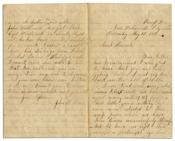 Civil War Letter Lot by John H. Hone of the 2nd Massachusetts Sharpshooters -- With Manassas Content -- …after the retreat from Manassas…men…have no knapsacks or clothes…