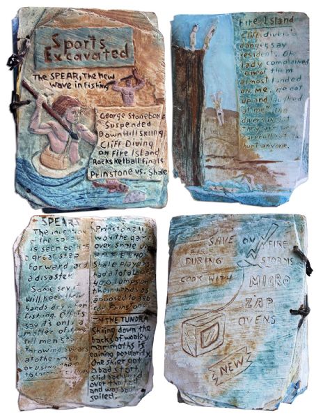 Custom-Made Prop From The Flintstones Movie -- Pair of Faux Stone Tablets Titled, Sports Excavated -- 11 x 15