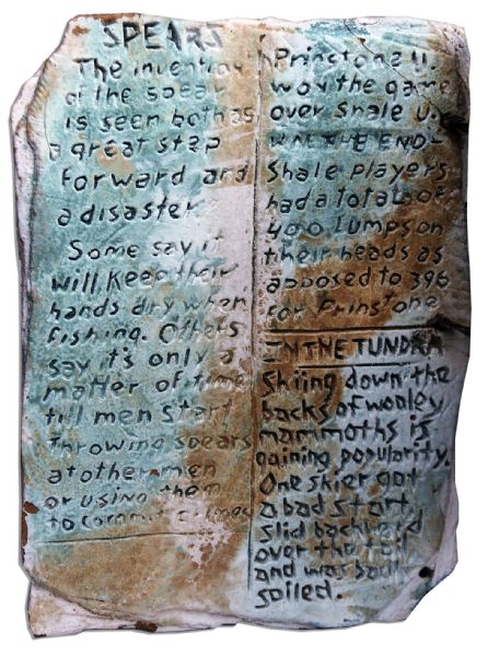 Custom-Made Prop From The Flintstones Movie -- Pair of Faux Stone Tablets Titled, Sports Excavated -- 11 x 15