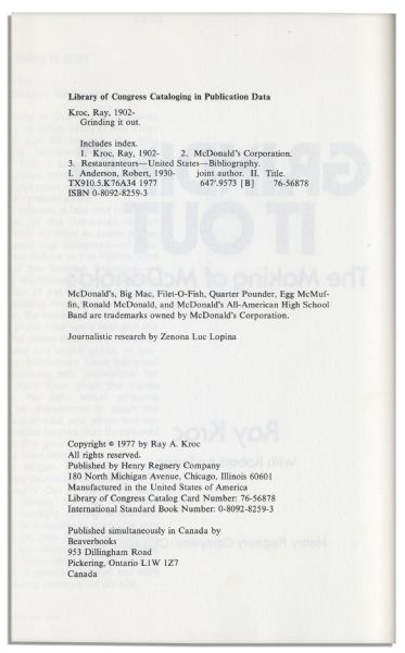 Ray Kroc Signed Copy of ''Grinding It Out: The Making of McDonald's''