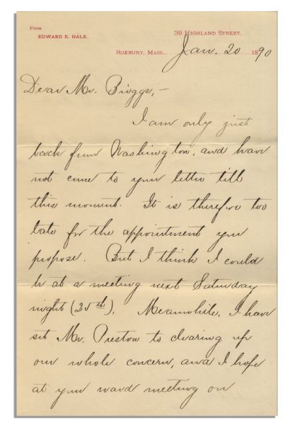 19th Century Author Edward Everett Hale Autograph Letter Signed -- …I am only just back from Washington…