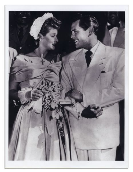 Lucille Ball Bridal Lot -- 5 Items From Her 1949 Church Wedding to Desi Arnaz -- Garter, Gloves, Photo and Cake Box -- With a COA from Lucy's Daughter