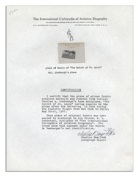 Fragment of Fabric From Charles Lindbergh's Plane, The Spirit of St. Louis -- With a COA from Charles Hamilton
