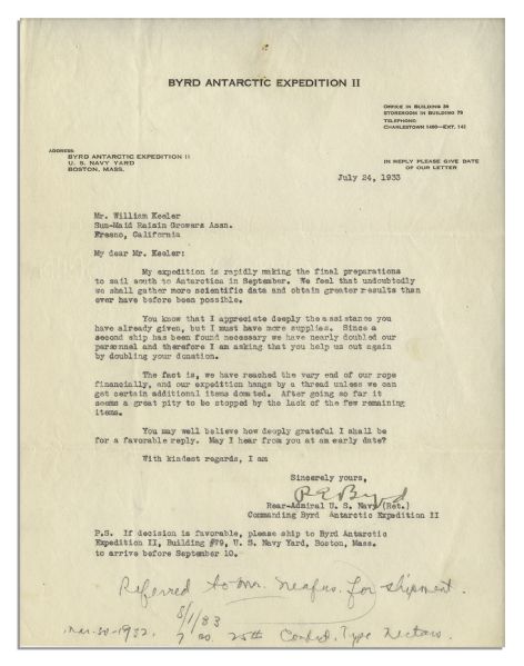 Antarctic Explorer Richard E. Byrd Lot -- With Signed Photo, Ticket to Presidential Reception in His Honor & 2 Expedition Content Typed Letters Signed -- ''...I must have more supplies...''