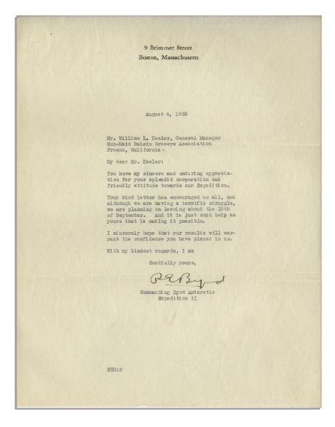 Antarctic Explorer Richard E. Byrd Lot -- With Signed Photo, Ticket to Presidential Reception in His Honor & 2 Expedition Content Typed Letters Signed -- ''...I must have more supplies...''
