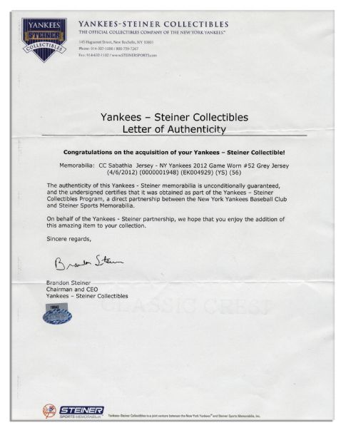 CC Sabathia Game Worn Yankees Jersey From Opening Day of the 2012 Season