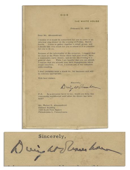 Dwight Eisenhower Typed Letter Signed as President -- Eisenhower Invites a Friend to a Stag Dinner & Requests It Be Kept Confidential