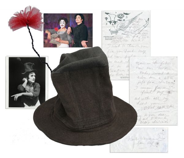 Marcel Marceau Autograph Letter Signed on His Personal Stationery Gifting a Hat to a Friend for Christmas -- With His Drawing of the Hat & the Actual Gifted Hat Included in the Lot