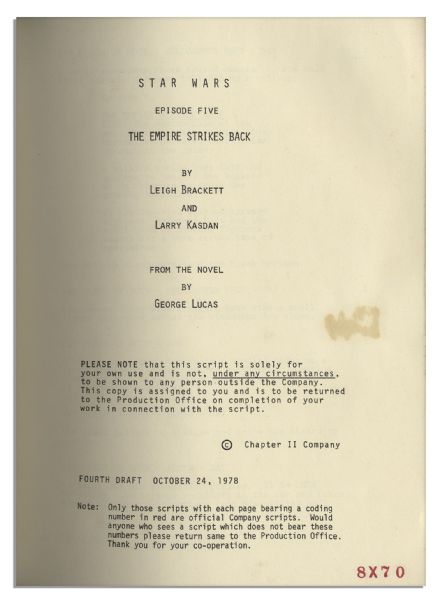 Shooting Script for Star Wars Episode V: The Empire Strikes Back From 1978 -- With the Red Coding Number on Every Page -- The Second Film Released in the Epic Series