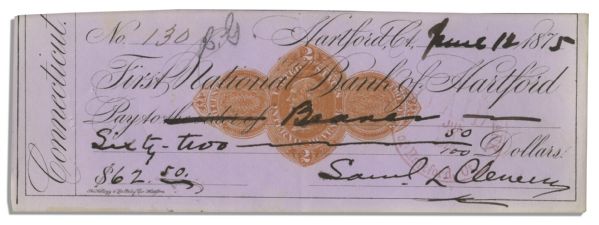 Mark Twain Check Signed as Samuel Clemens