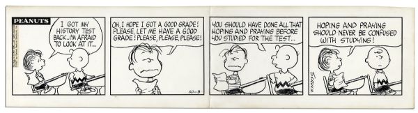 Schulz ''Peanuts'' Strip From 1967 -- Charlie Brown & Linus Wait for Their Test Scores -- Accompanied by a Schulz Typed Letter Signed
