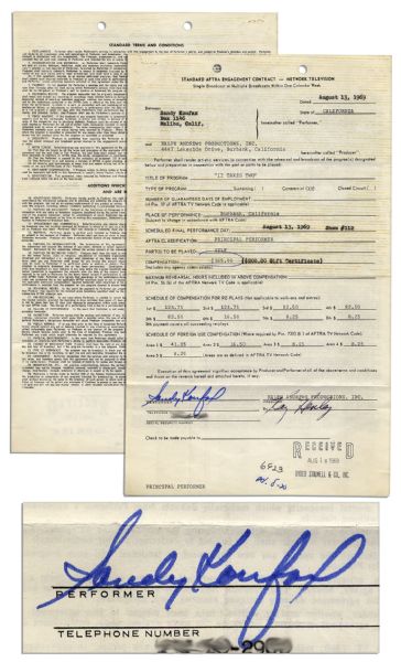 Sandy Koufax Signed Contract For His Appearance on Celebrity Game Show ''It Takes Two'' in 1969