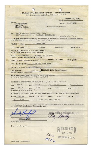 Sandy Koufax Signed Contract For His Appearance on Celebrity Game Show ''It Takes Two'' in 1969