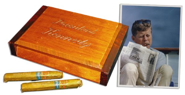 Beautiful John F. Kennedy Personally Owned Humidor -- Gifted by Philippine Ambassador & Accompanied by 2 Unopened Philippine Cigars -- All Items Custom Labeled, ''President Kennedy''