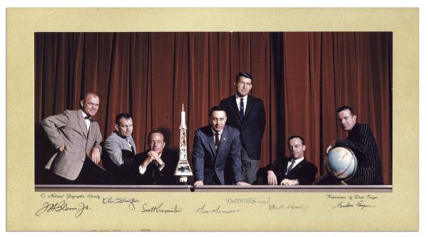Excellent 18 x 8.25 Mercury 7 Signed Photo Display -- Signed By All 7 of the Astronauts -- For a National Geographic Story in 1960